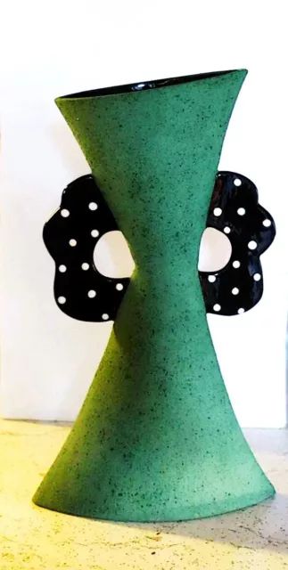 Vtg Post-Modern Memphis Style Art Pottery Vase with Handles Teal, Black & White