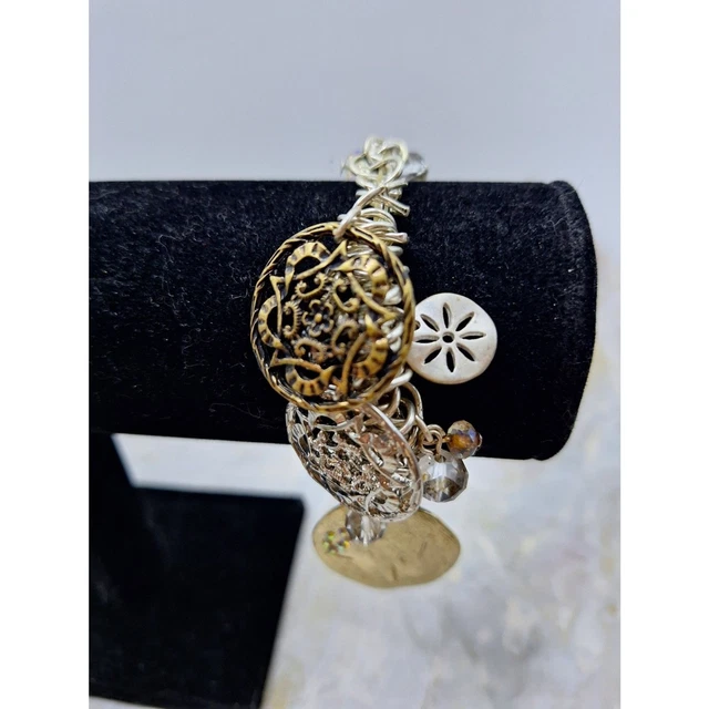 A BEACHY SILVER Tone Stretch Charm Bracelet Sand Dollar Roman Coin Boho ...