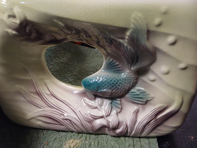 Royal Copley Koi or Gold Fish Chartreuse Planter Vase Ocean Scene 1950s
