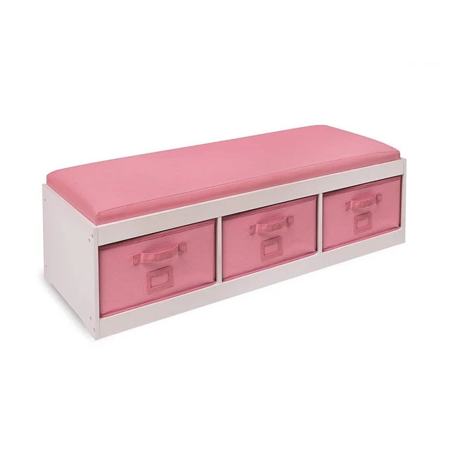 Badger Basket Kid's Storage Bench With Cushion and Three Bins Pink