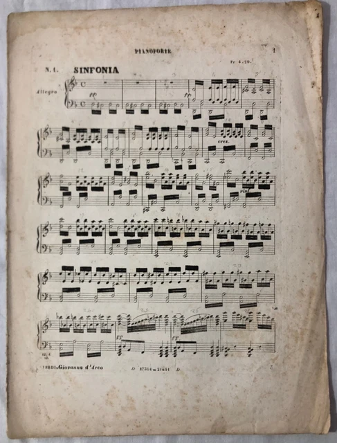 Antico spartito musicale Giuseppe Verdi Giovanna d'Arco Sinfonia N. 1 Pianoforte