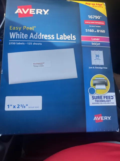 Avery White 16790 Mailing Address Labels Easy Peel, Laser Inkjet, 1 x 2 5/8
