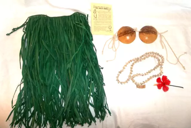 Vintage 5-pc Hawaii Grass Hula Skirt Costume Coconut Bikini Top Kids women Tiki