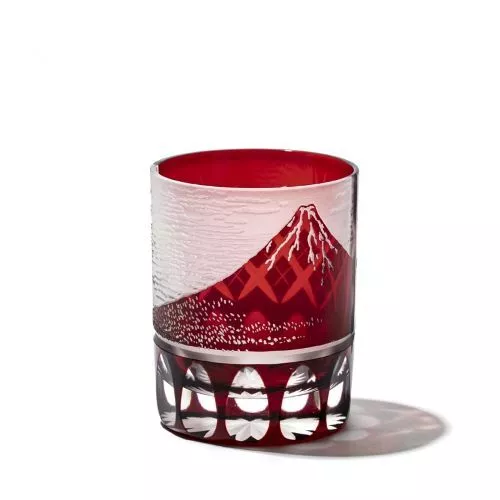 Edo Kiriko old glass, red Fuji with arrowhead pattern, red