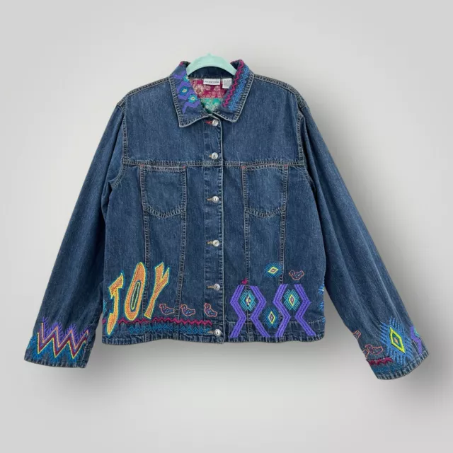 CHICO’S Denim Jacket Size 2 (Size 12) Heavily Embroidered Beautiful Unique