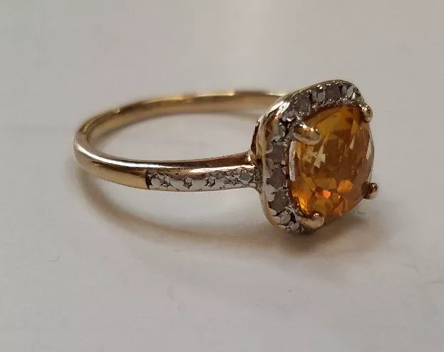 Genuine Citrine & Diamond Gemstone 18k Gold 925 Sterling Silver Ring  Size 6 3/4