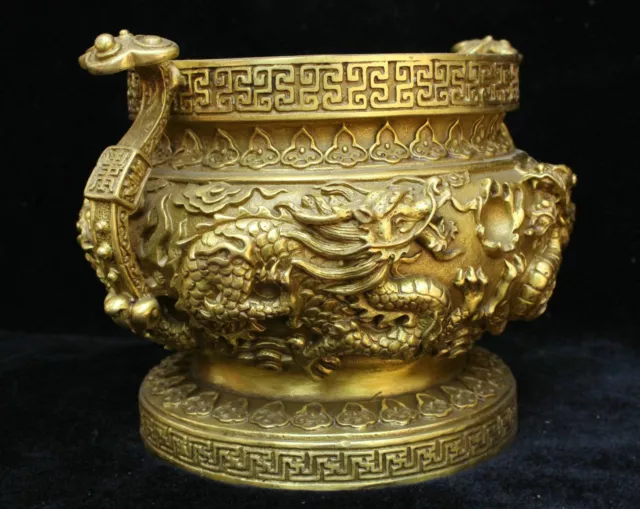 Chinese Fengshui Bronze Brass Ruyi Dragon Incense Burner Censer Crock Bowl Pot 3