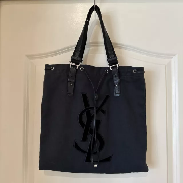 Yves Saint Laurent YSL Kahala tote bag shoulder Black canvas leather Authentic