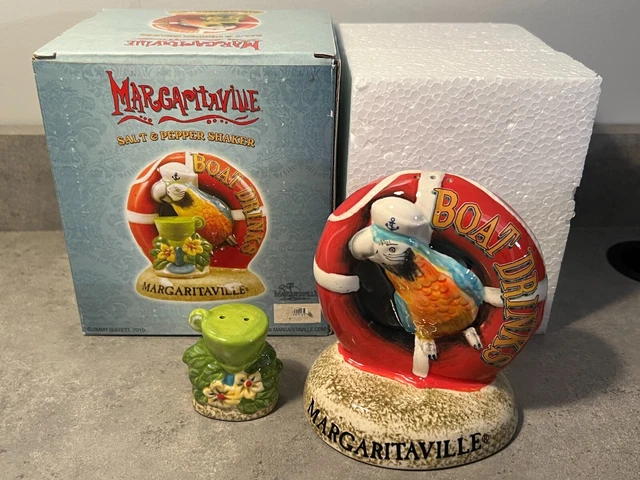 MARGARITAVILLE Salt & Pepper Ceramic Set Boat Drinks in Box Parrot MARGARITAVILLE Salt & Pepper Ceramic Set Boat Drinks in Box Parrot