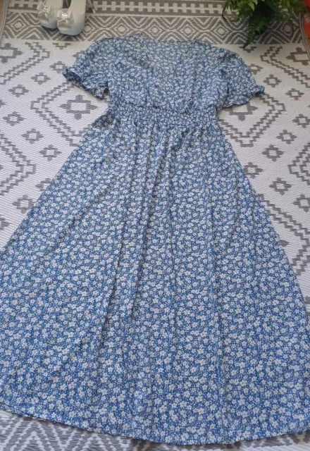 PRETTY BLUE WHITE Summer Wrap Style Floaty 👗 Dress Shirred Waist 1XL 16 ...
