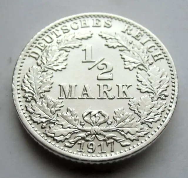 (295)Rare Germany Empire 1/2 Mark Silver Coin 1917 A  -  0.900 Silver