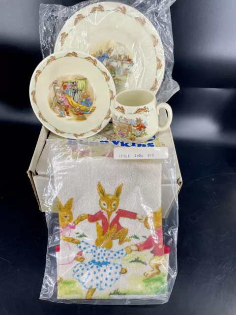 Royal Doulton Bunnykins Childs Kid Set Bowl Plate Cup With Bib