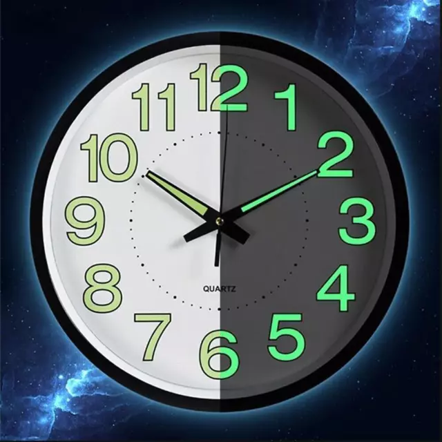 12" Round Luminous Wall Clock Glow In The Dark Night Light Silent Quartz Clock