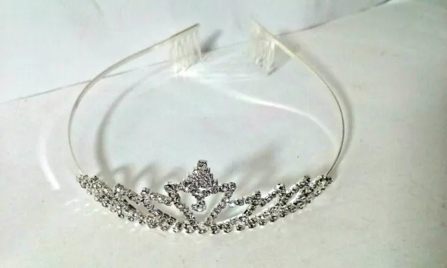 Diadema Corona Tiara Cuspide D'argento Coroncina Metallo Strass Danza Spettacolo
