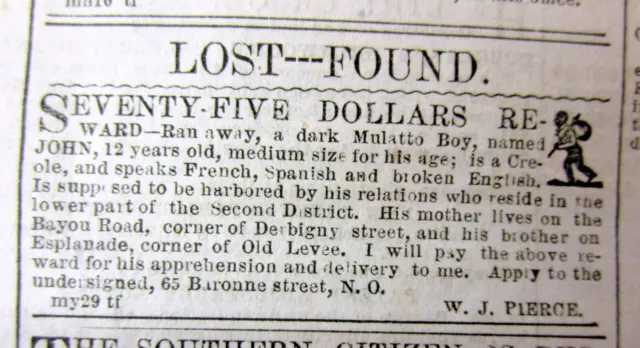 1858 New Orleans LOUISIANA newspaper with 2 ILLUSTRATED RUNAWAY SLAVE ADs