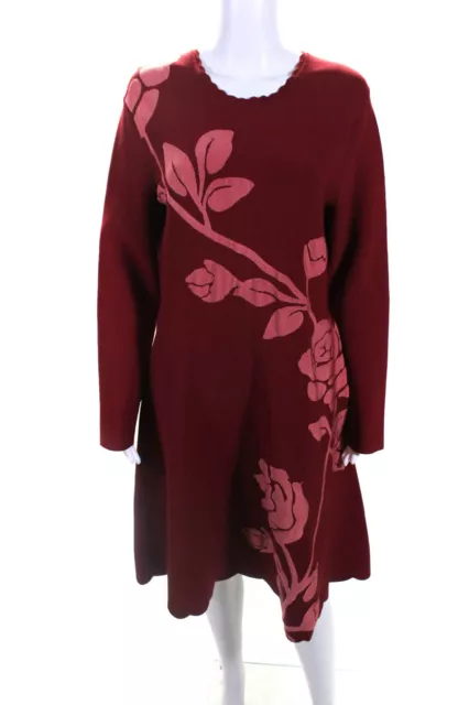 Lela Rose Womens Knit Floral Print Long Sleeve A-Line Sweater Dress Red Size XL