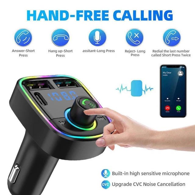 Transmetteur FM Bluetooth Pour Voiture - Avec écran LED, RGB, Mains Libres, USB-C Et Port TF - Charge Rapide 3.4A - Compatible Tous Smartphones