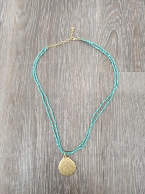 Ralph Lauren Goldtone RLL Logo Turquoise Bead Strand Necklace Gold Medal Pendant