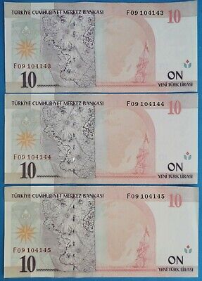 Set of 3 Turkey 10 Lirasi, banknotes 2005. Consecutive serial numbers. 2