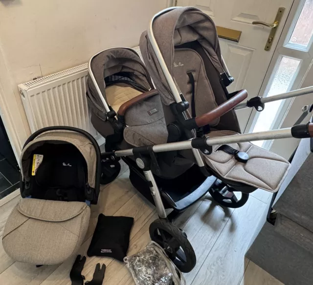 SILVER CROSS GREY TAN Double Tandem Pram Pushchair With Carrycot And Extras 299.99 PicClick UK