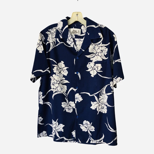 Vintage Hilo Hattie Hawaiian Shirt Blue Floral Short Sleeve Button Down Men L