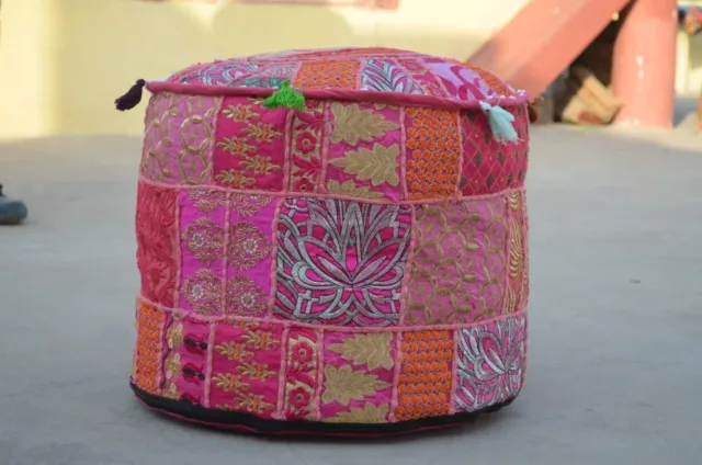 Indian Vintage Patchwork Pouf Ottoman Round  Ottoman Cover Pouf Footstool Ethnic