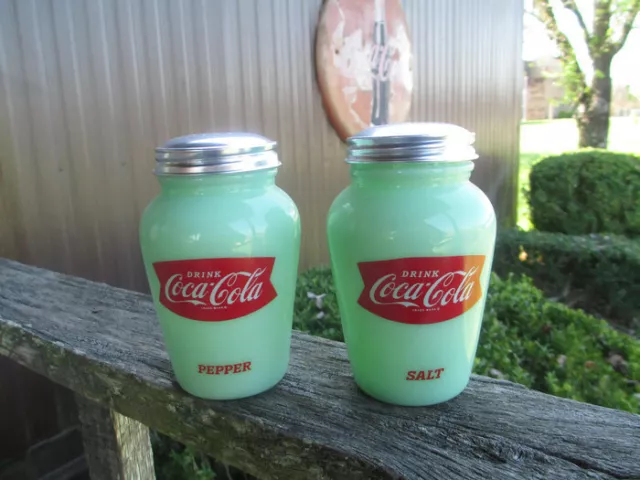 Coca-Cola Large Salt and Pepper Shaker Depression Style Jadeite Glass Fishtail