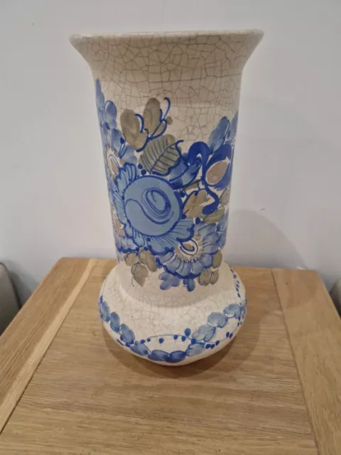 Vintage Style Blue And Cream Vase, With Flowers Crazed Effect 29cm Tall