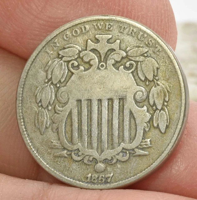 Raw 1867 Shield Nickel No Rays easy to read condition