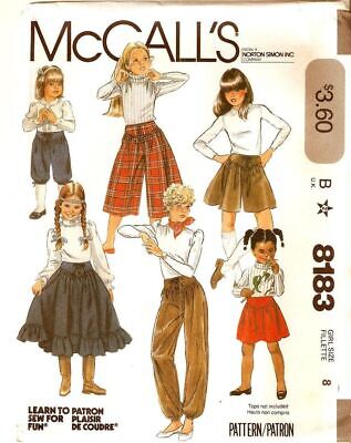 McCalls Sewing Pattern 8183 Skirt Knickerbockers Culottes Age 8 B&W Env UNCUT