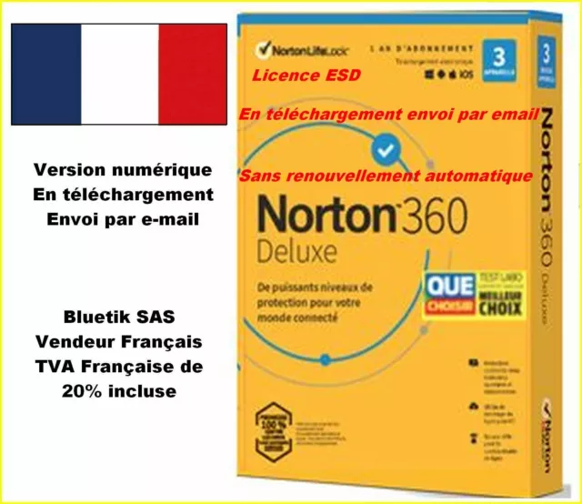 Sans CB - NORTON 360 DELUXE 2024 ESD 3 Appareils 3APP 1 AN 25GB CLOUD par email