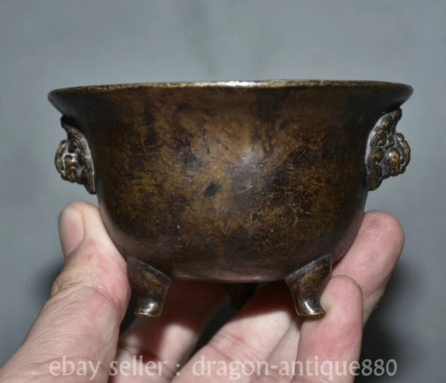 4" Marked Chinese China ancient Bronze 2 beast head Incense Burner Censer cup