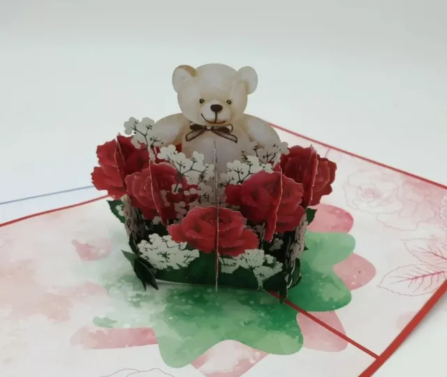 3D Pop Up Geburtstagskarte Blumenstrauß Teddy Liebe Muttertag Freundin Ehefrau