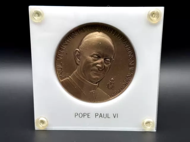 1965 Pope Paul Vi Mission To United Nations Bronze 2.5" Medal - Framed - K927