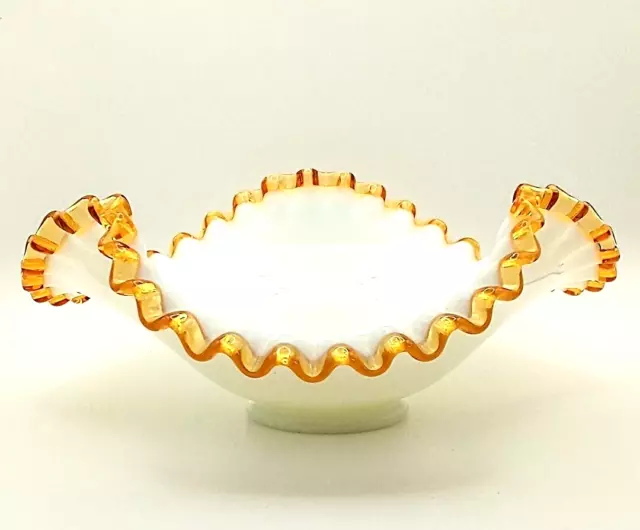 Vintage Fenton Gold Crest Ruffled Milk Glass Candy Bonbon Dish Bowl