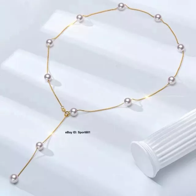 Pure Solid 18K Yellow Gold Wheat Chain Natural Freshwater Pearl Beads Necklace