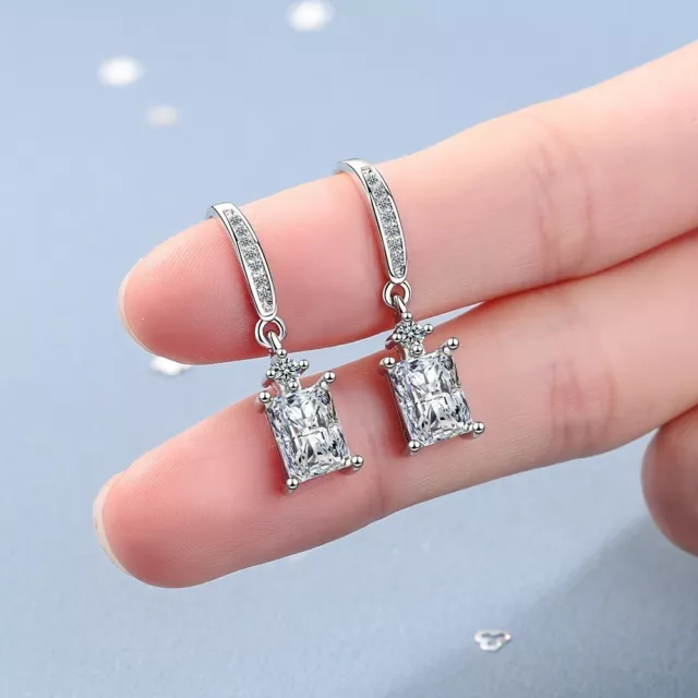 2024 NEW 925 Sterling Silver  CZ square Crystal Pave Hook dangle Drop Women Gift