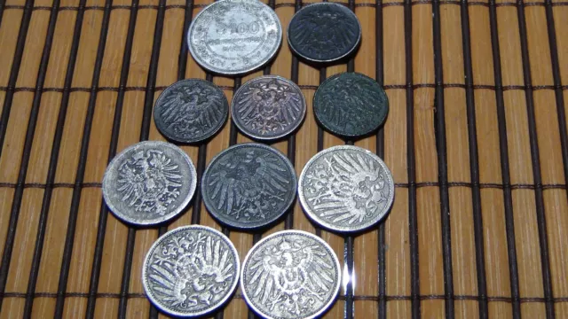 9  Münzen Kaiserreich  1 / 5 / 10 Pfennig + 1 Alu Münze 5/100 Verechnungs Marke