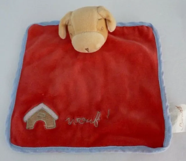 60. DOUDOU PLAT BENGY CHIEN Wouf ! Rouge bleu beige niche carré - TBE