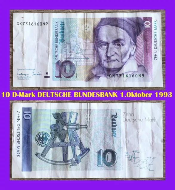 Ⓜ️ 10 Deutsche Mark ☘️ 1.Oktober 1993 DM 💥 Schein Bundesbank 🍄 GK7316160N9 🌐