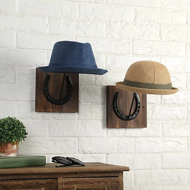 Wood Cast Iron Horseshoe Design Western Style Cowboy Hat, Hat Rack, Set of 2