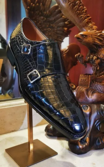 Men Handmade black crocodile double monk shoes, Calf leather tuxedo dress shoes