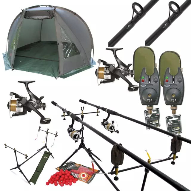 Full Carp Fishing Set Up 2 Rods With Day Bivvy Shelter - Rods Reels Pod Alarms