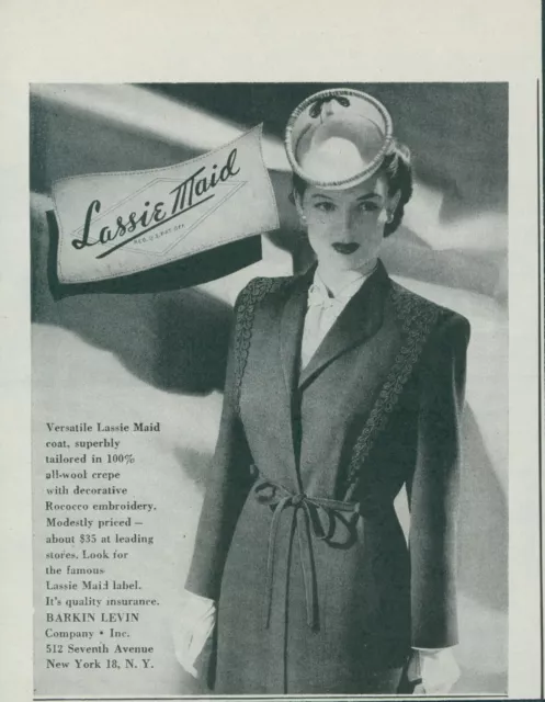 1944 Lassie Maide Coat Rococco Embroidery Crepe Barkin Levin Vtg Print Ad L20