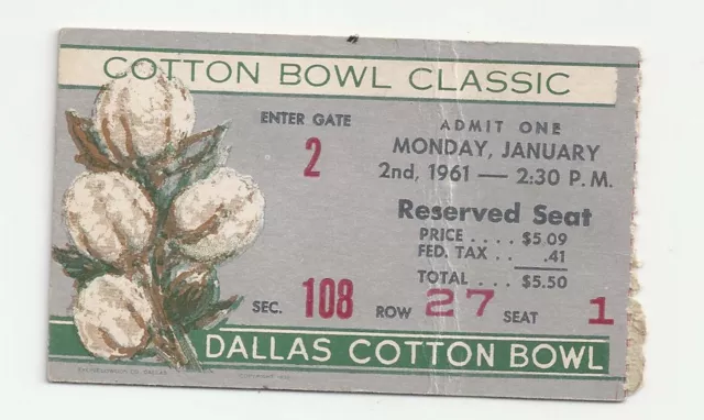 1961 Arkansas vs Duke Cotton Bowl original college football ticket stub