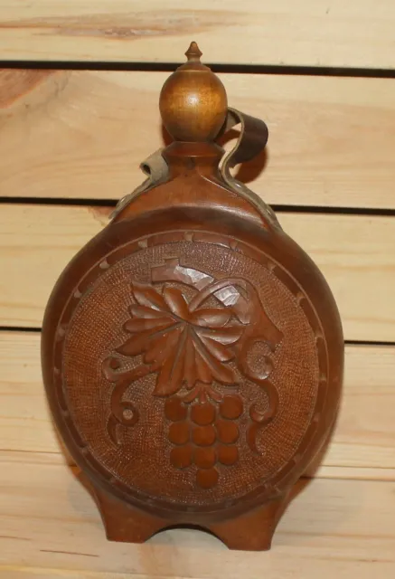 Vintage hand made folk floral carved wood brandy flask bottle