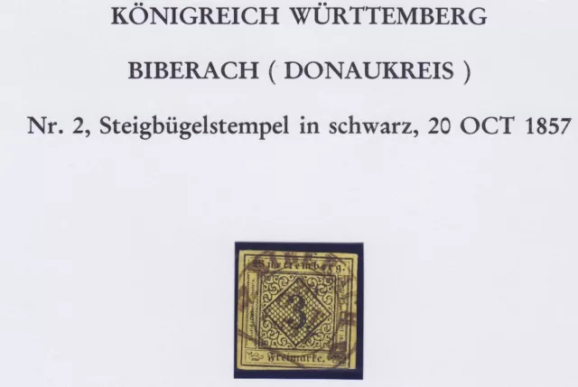 AD Württemberg Mi.-Nr. 2 o Steigbügelstempel Biberach Feuser 281-11 +50