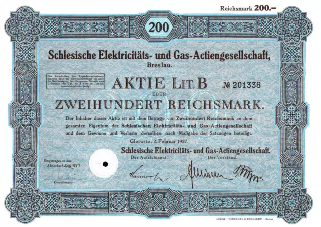 Schlesische Elektricitäts- und Gas- Actiengesellschaft 1927 200 RM