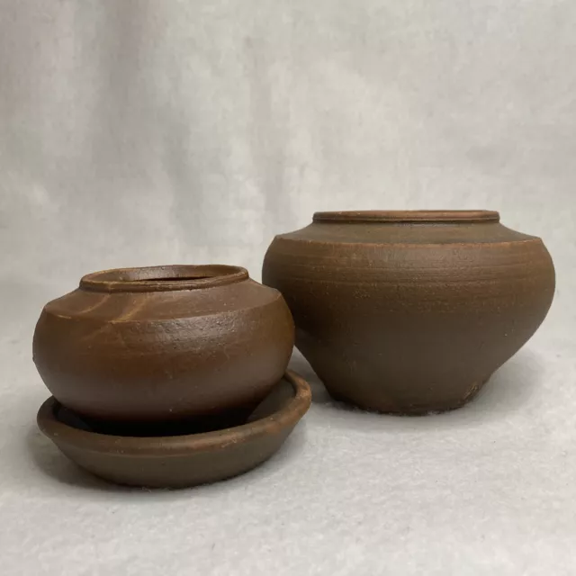 Pair of Hand Thrown Planter Vase Saucer 3pc Signed Set Matte Brown Red Clay