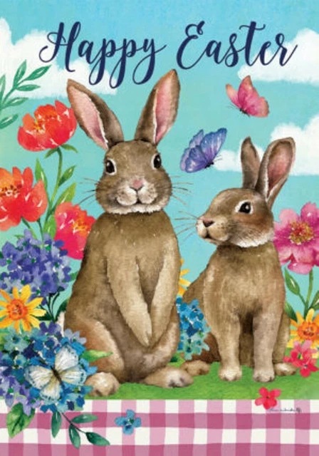 Happy Easter, Brown Bunnies, Flowers, Garden Flag 12"x18", Custom Decor, 2 Sided